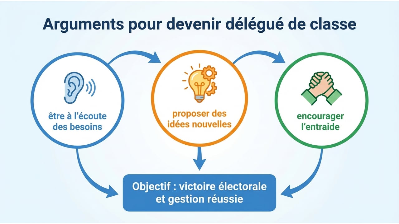 Infographie présentant les trois axes majeurs : écoute des élèves, projets concrets et cohésion de groupe.