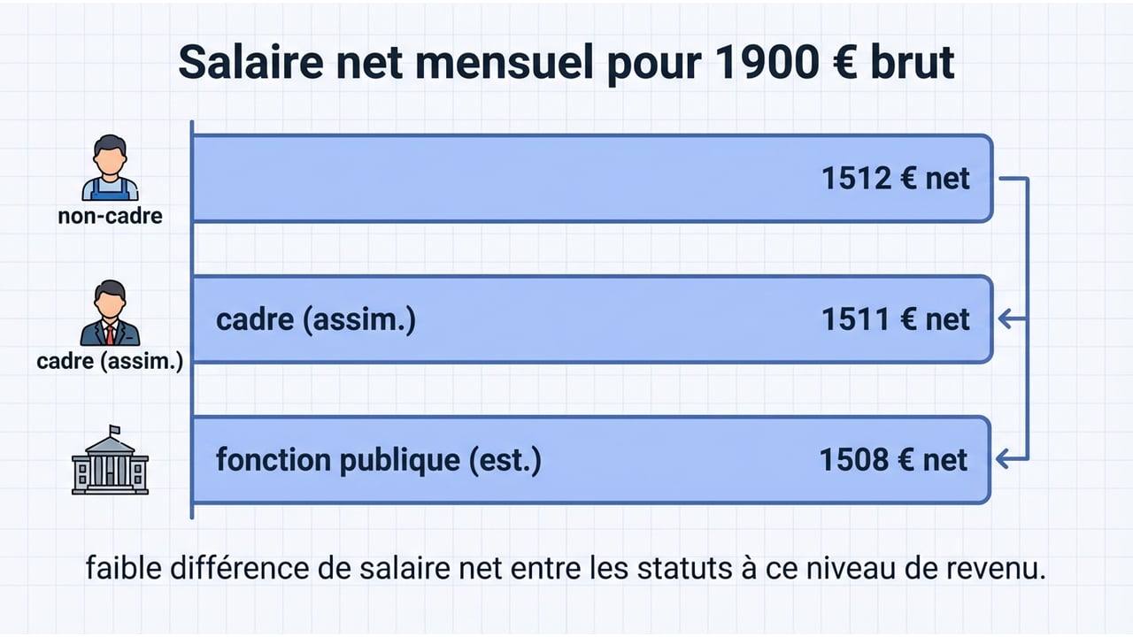Graphique à barres comparant le salaire net pour un non-cadre, un cadre et un fonctionnaire pour 1900€ brut