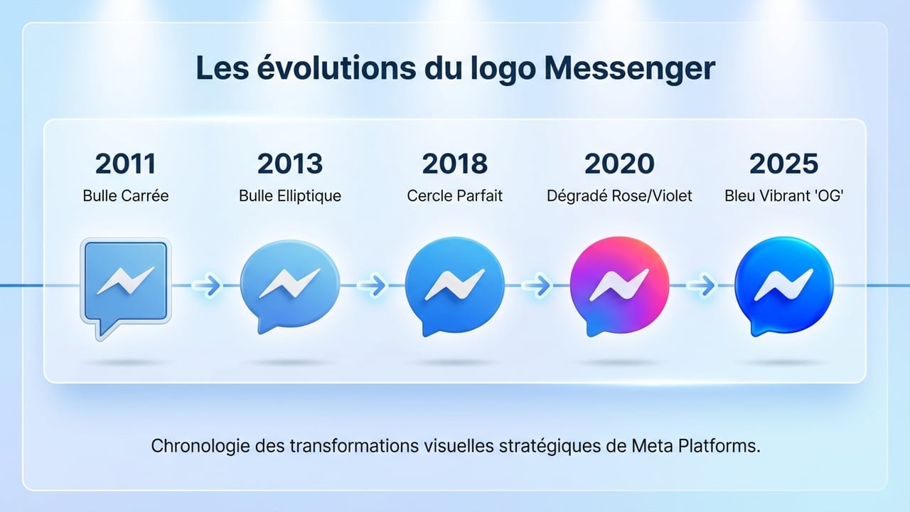 Frise chronologique montrant les 5 versions majeures du logo Messenger de 2011 à 2025, illustrant le passage de la bulle carrée au gradient violet puis au bleu uni.