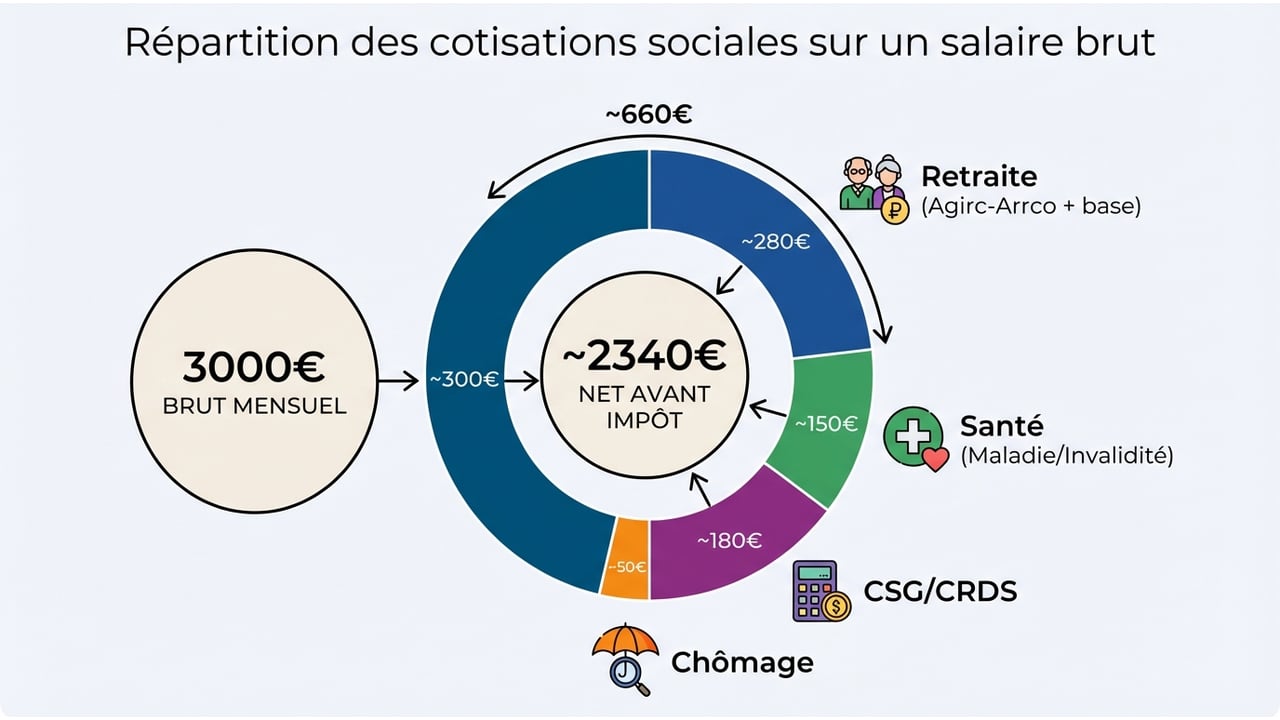 Graphique circulaire montrant la répartition des prélèvements sociaux : retraite, santé, CSG et chômage.