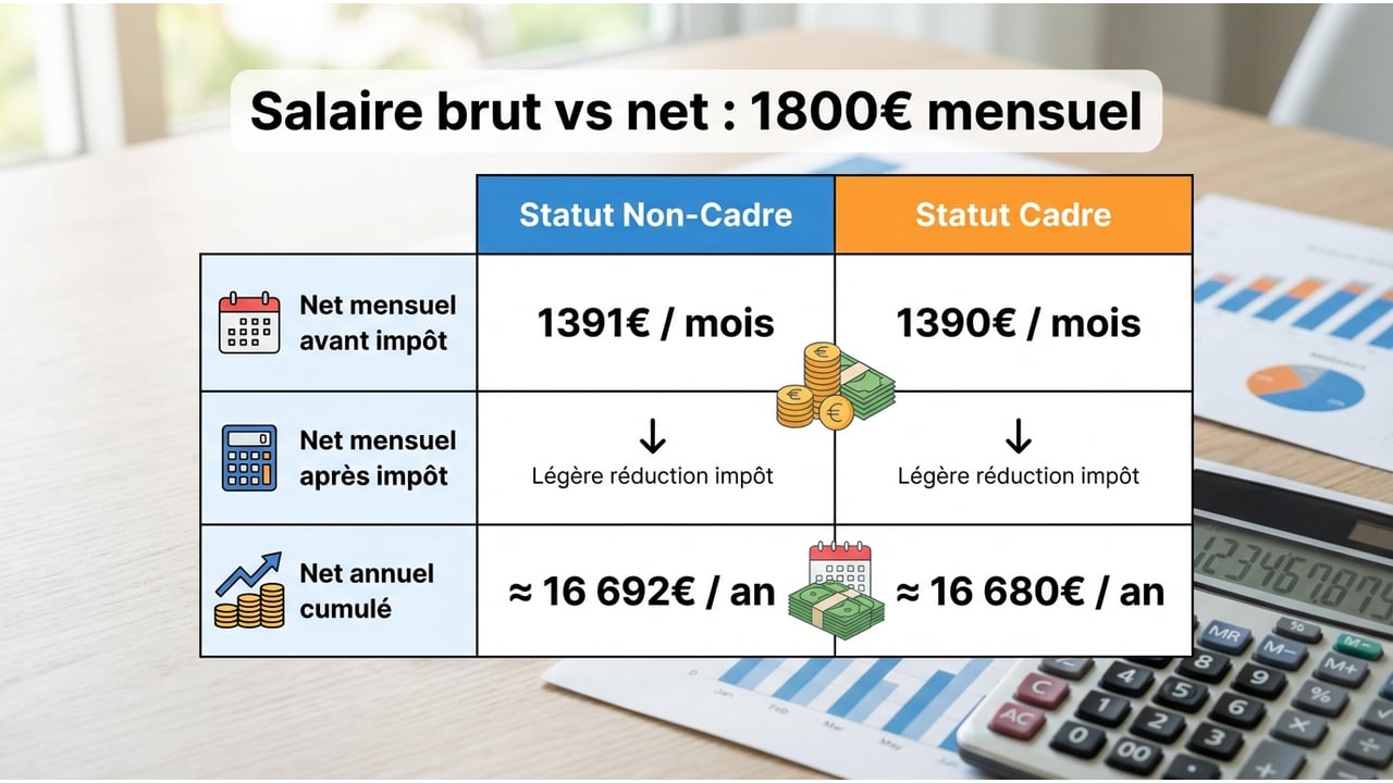 Tableau comparatif des salaires nets mensuels et annuels pour 1800 euros brut selon le statut professionnel.