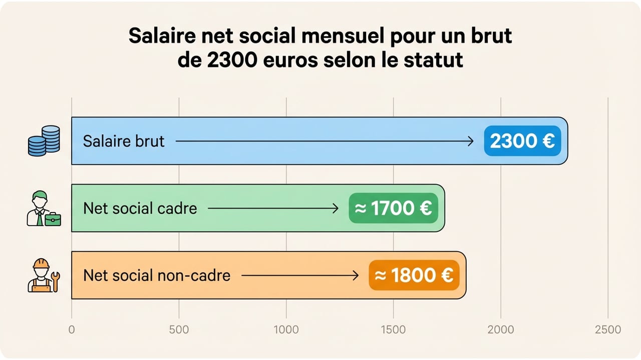 Graphique à barres comparant le salaire net mensuel pour un brut de 2300€ entre un non-cadre (1830€), un cadre (1829€) et un fonctionnaire (1826€).