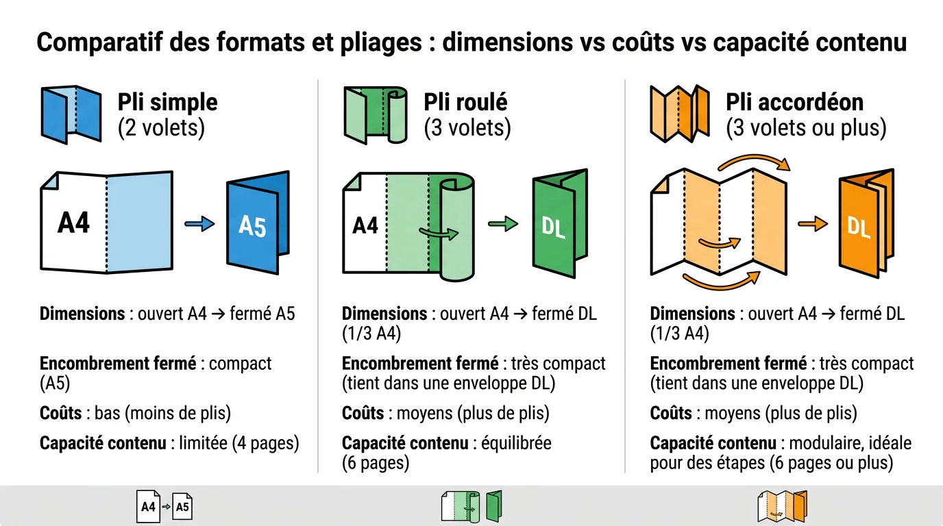 Comparatif des formats et pliages : dimensions vs coûts vs capacité contenu