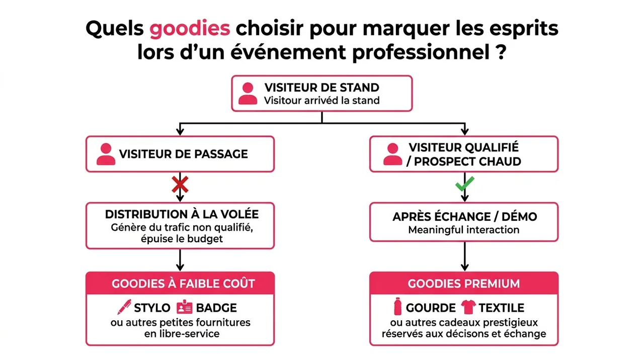 Diagramme de décision montrant quel type de goodies distribuer selon le degré de qualification du visiteur sur le stand.