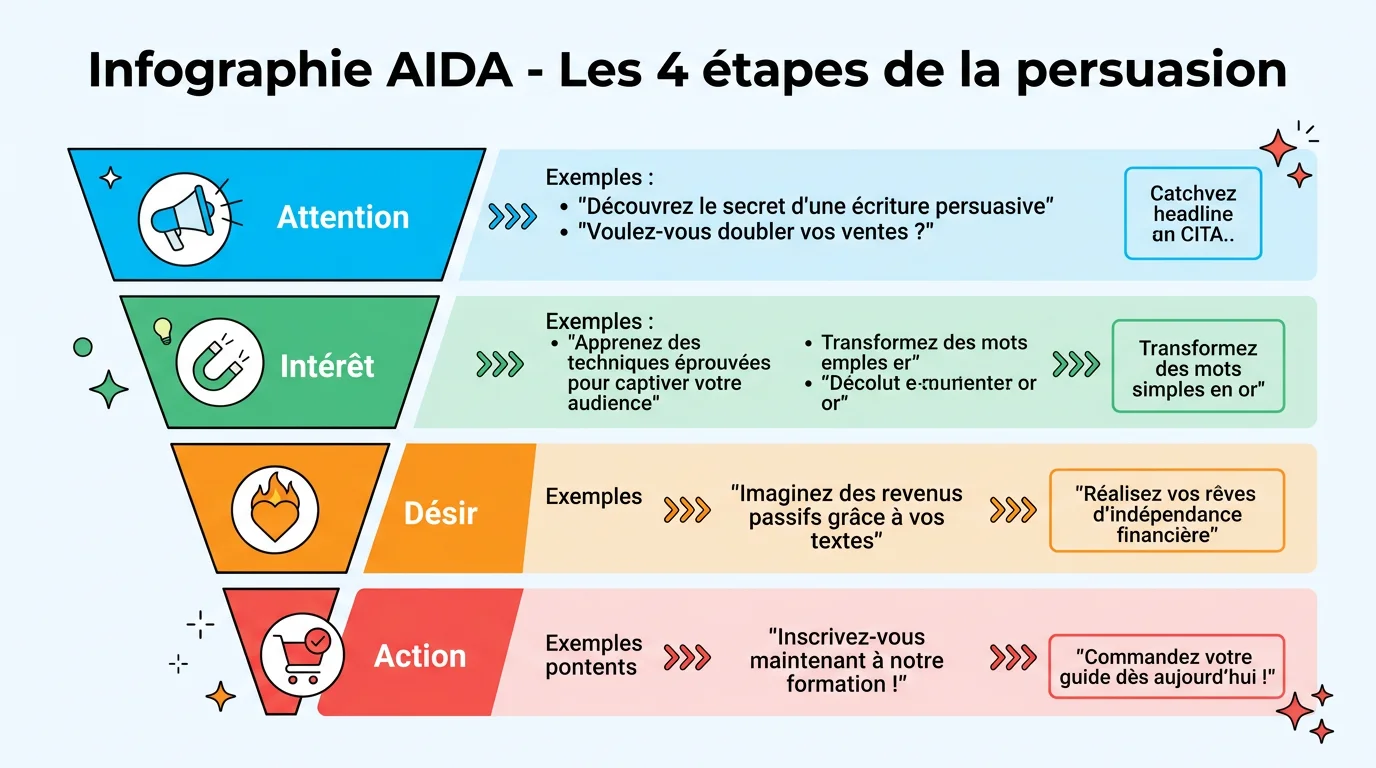 Infographie AIDA - Les 4 étapes de la persuasion