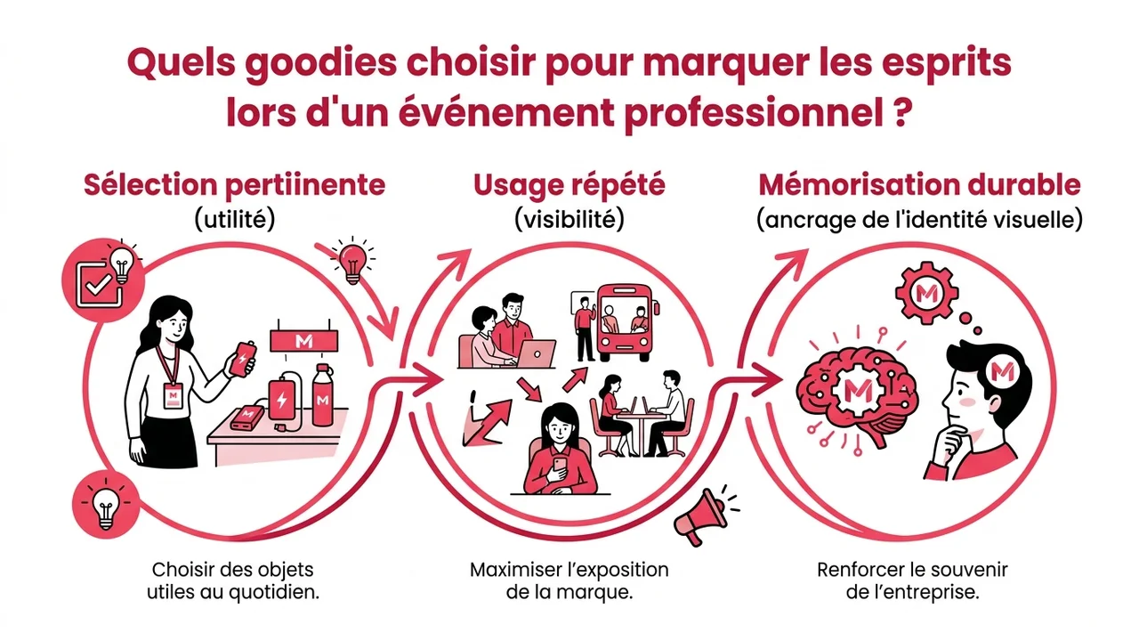 Infographie montrant le parcours d'un bon cadeau d'entreprise : de la réception sur le salon à l'usage quotidien sur le bureau, menant à la mémorisation de la marque.