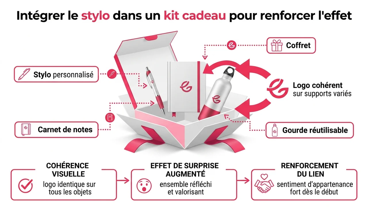 Schéma d'un coffret cadeau d'entreprise incluant un stylo coordonné à d'autres objets publicitaires.