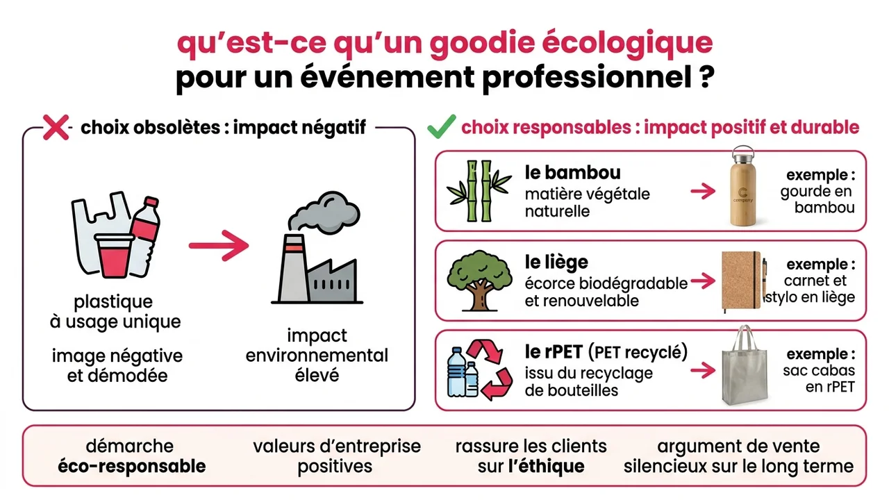 Tableau visuel comparant les caractéristiques écologiques du bambou, du liège, du rPET et du papier de pierre.