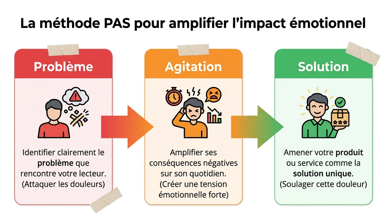 Diagramme de flux présentant les étapes Problème, Agitation et Solution pour structurer un texte émotionnel.