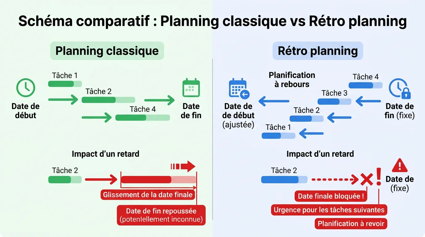 Schéma comparatif : Planning classique vs Rétro planning