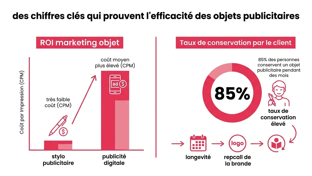 Infographie montrant le faible coût unitaire du stylo face à sa durée de mémorisation et son nombre d'impressions visuelles.