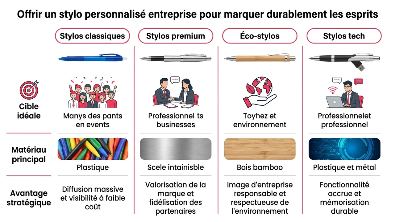 Tableau comparatif présentant les modèles plastique, métal, bambou et multifonctions selon l'occasion de distribution.