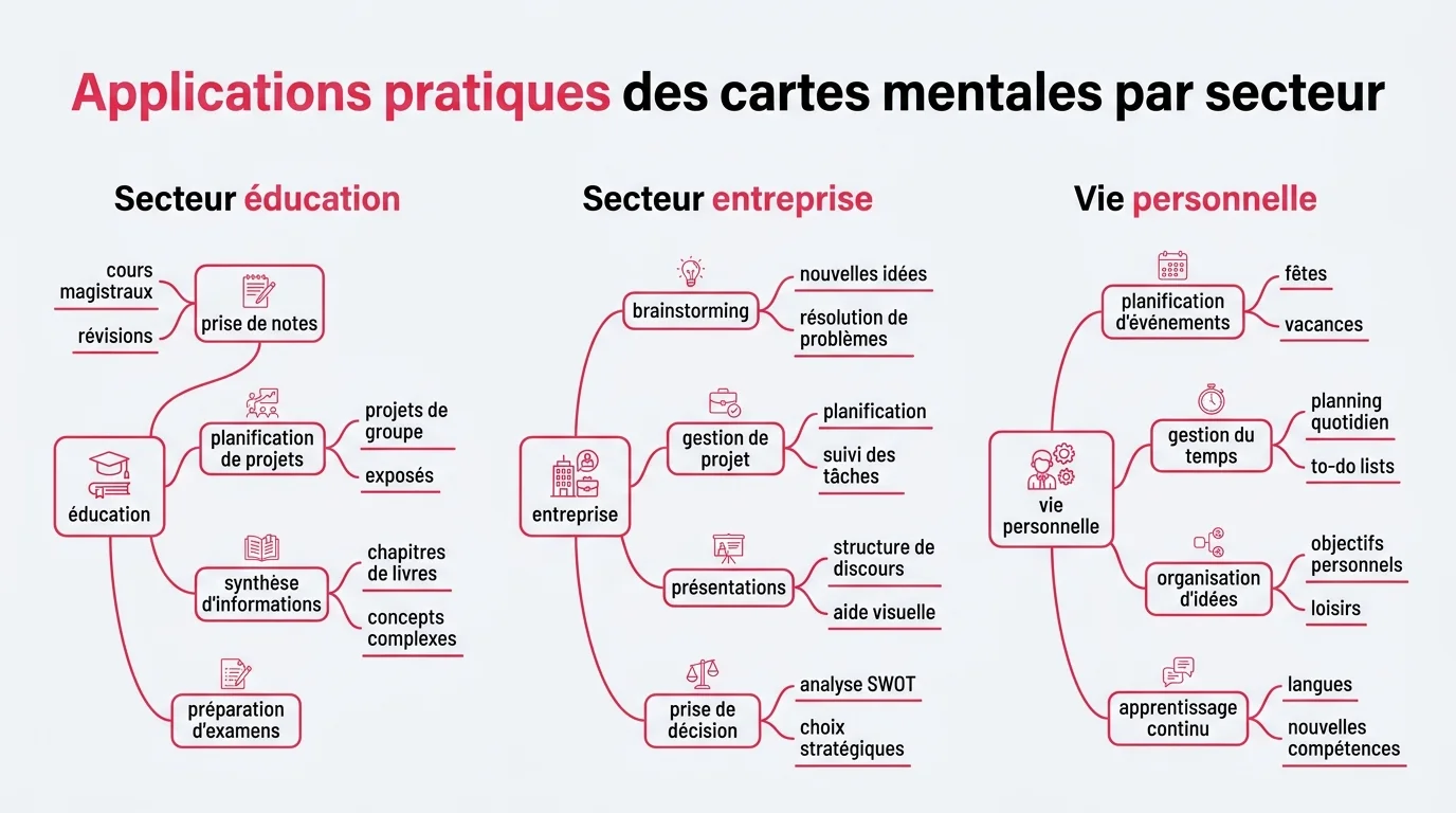 Applications pratiques des cartes mentales par secteur