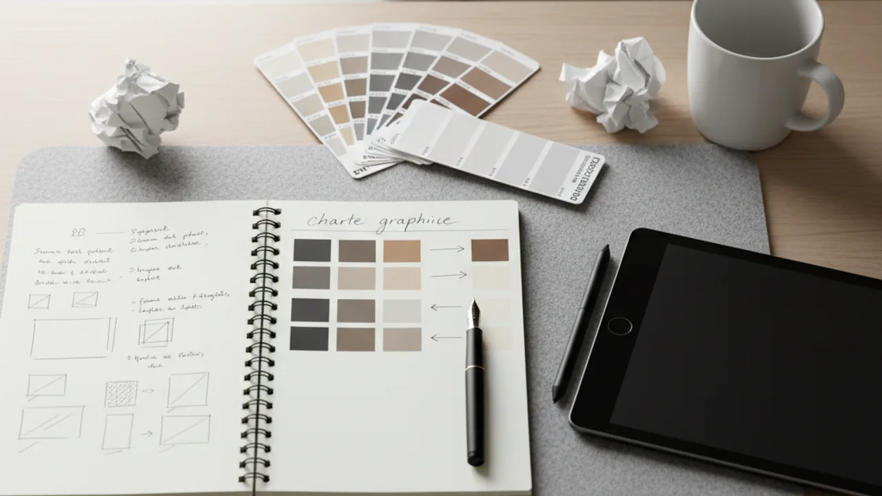 Bureau de designer avec une charte graphique en cours de rédaction
