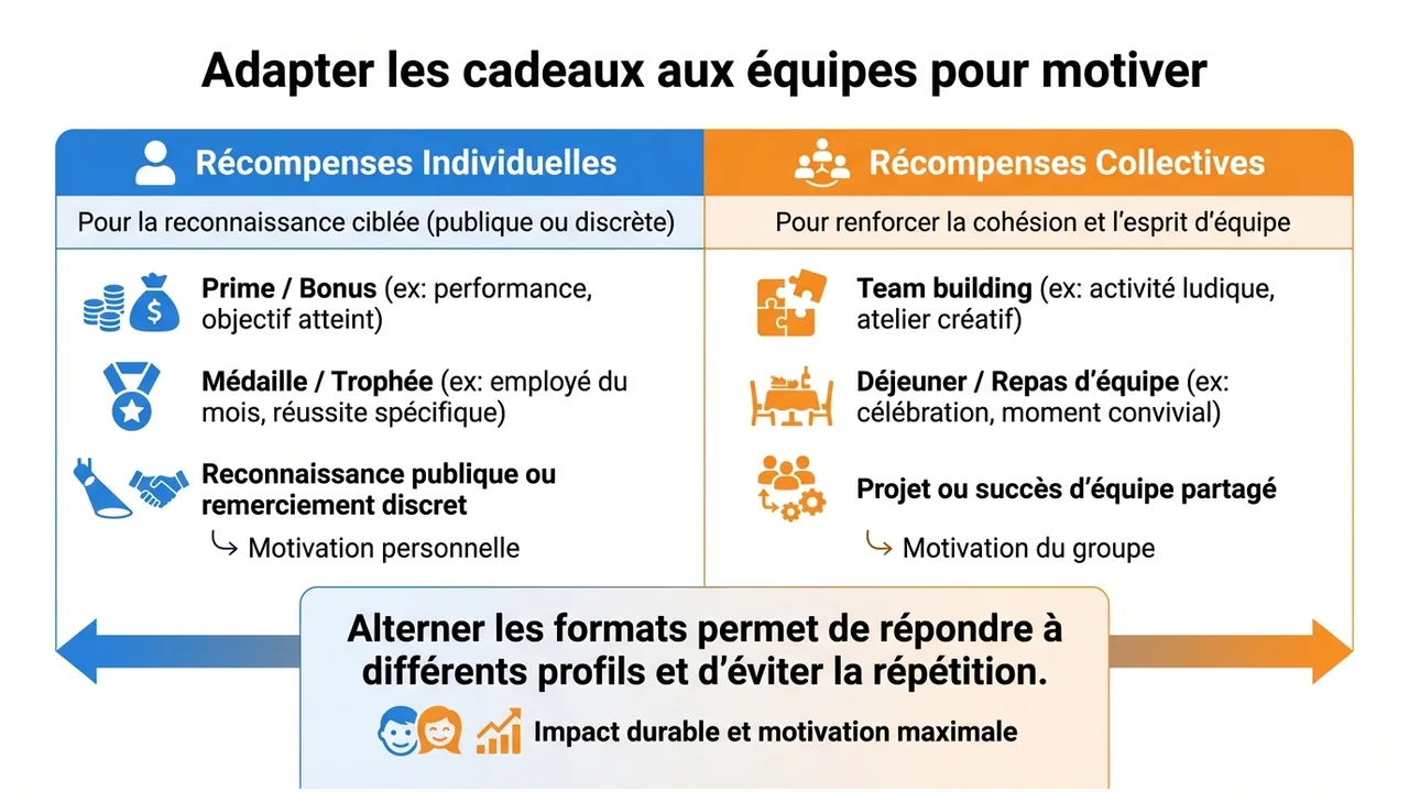 Tableau comparatif montrant les bénéfices des cadeaux individuels pour la performance et des cadeaux collectifs pour la cohésion.