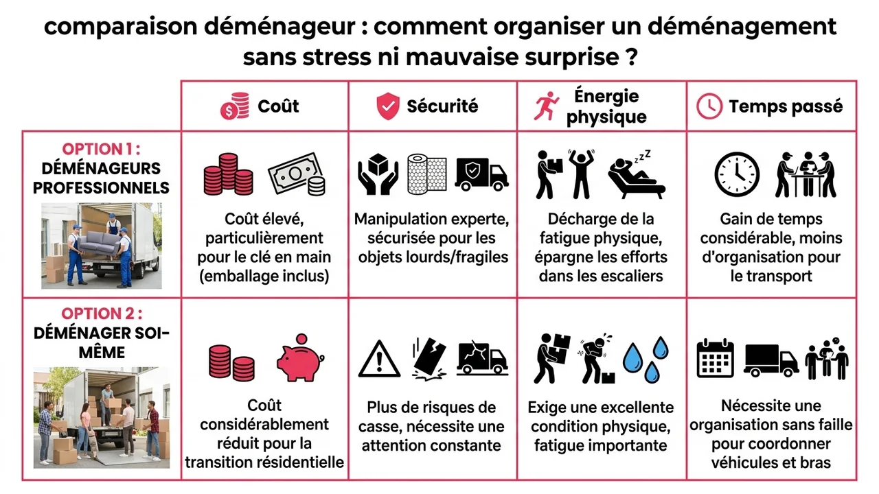 Comparatif visuel entre l'option déménageur pro et le faire soi-même selon le prix, l'effort physique et la gestion du temps.
