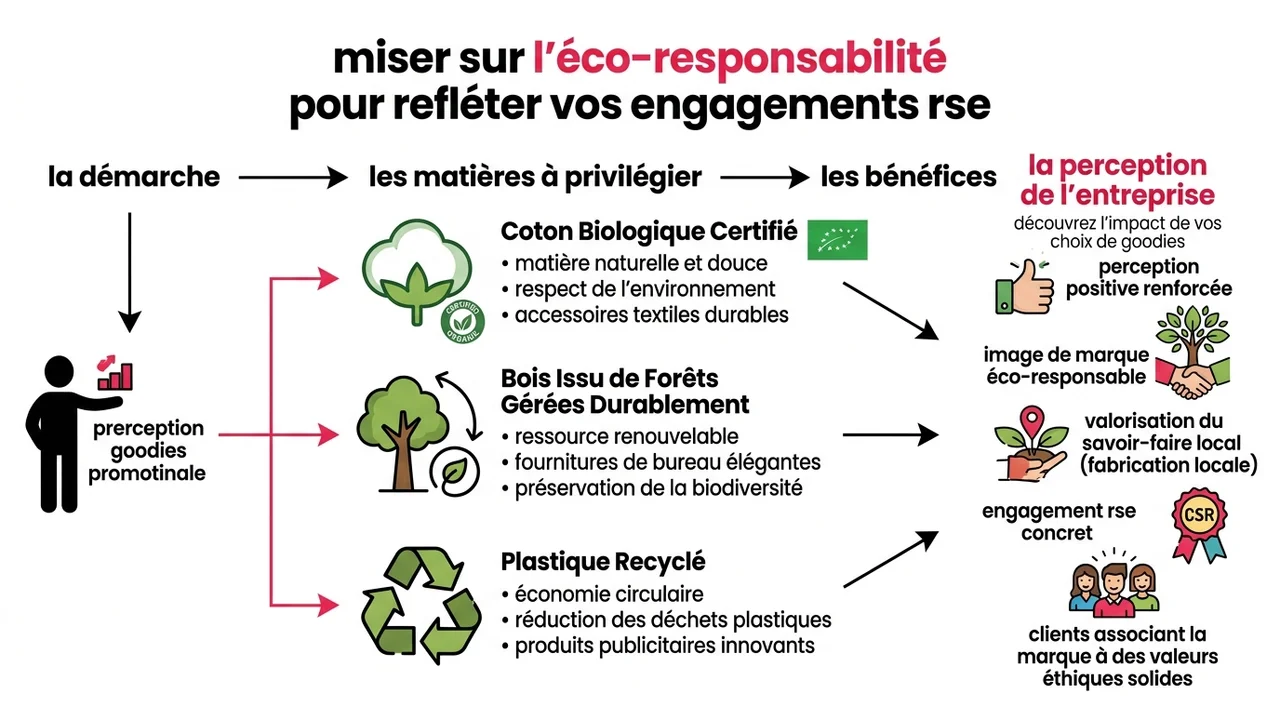 Infographie présentant les matières durables : coton bio, bois certifié et plastique recyclé.