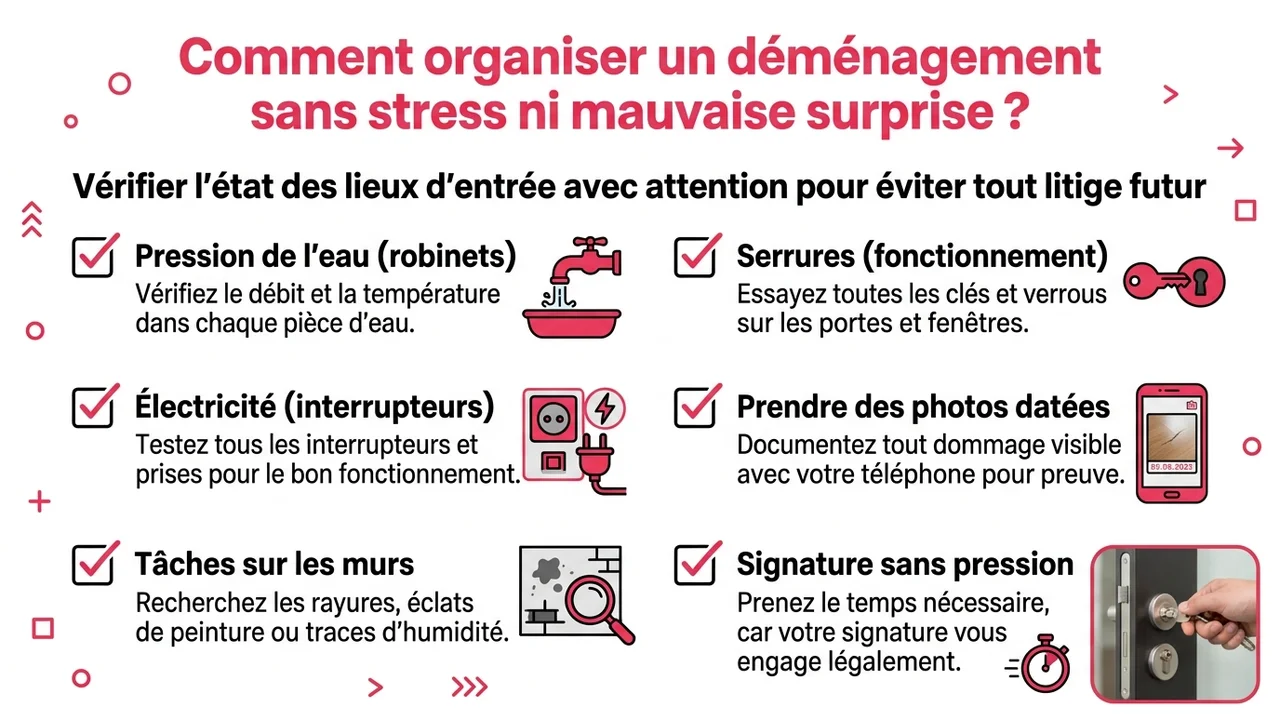 Schéma récapitulant les éléments à inspecter absolument : compteurs, ouvertures, humidité et fonctionnement électrique.