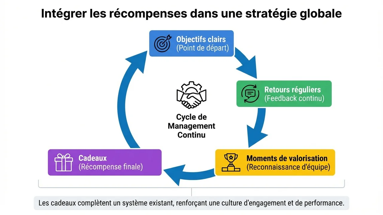 Diagramme circulaire montrant les étapes : fixer des objectifs, donner du feedback, valoriser les efforts et remettre une récompense.