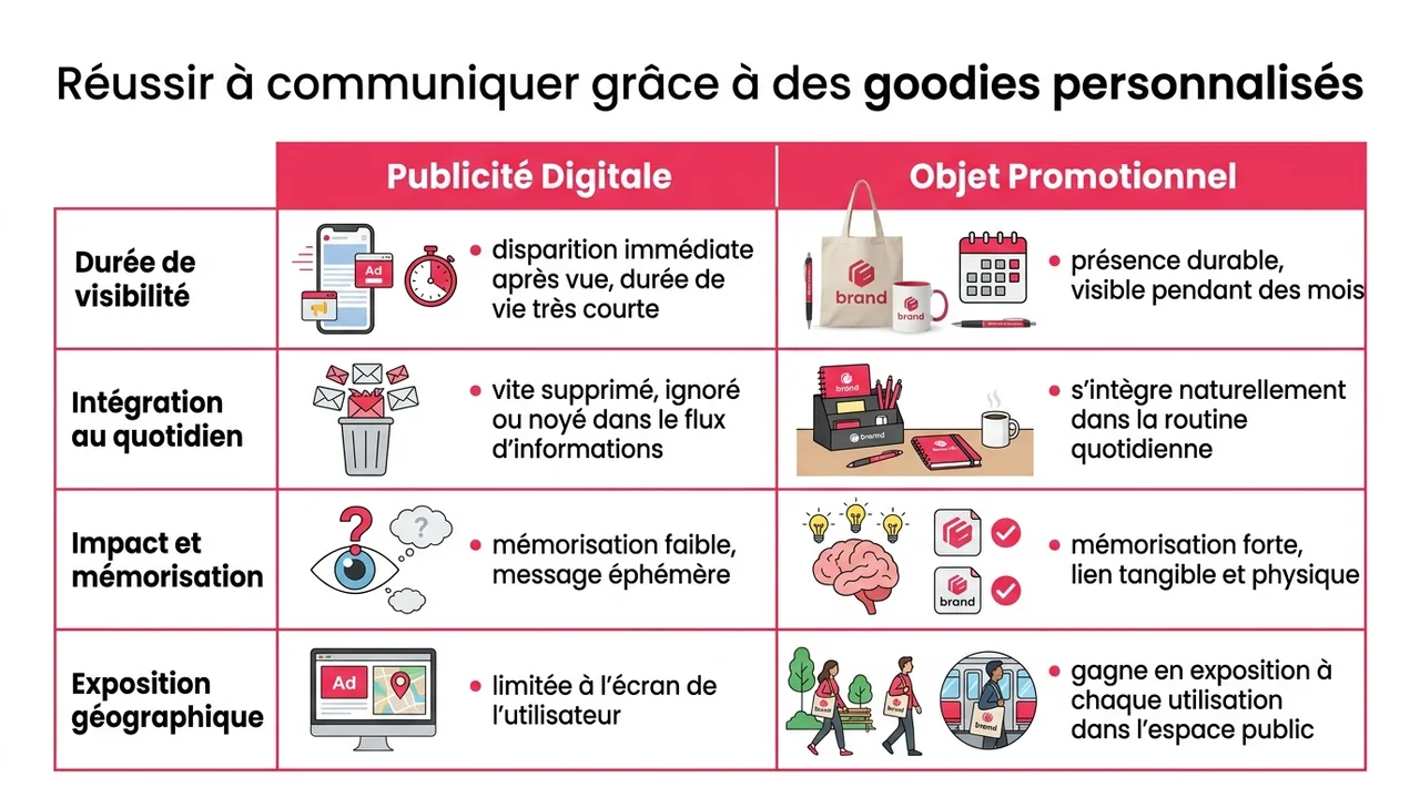 Tableau comparatif montrant la persistance visuelle éphémère du digital face à la présence durable d'un objet physique dans le quotidien.