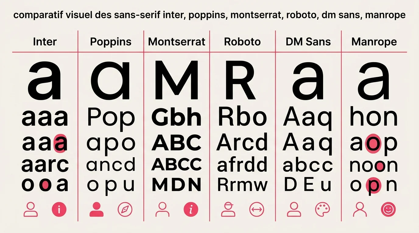 Comparatif visuel des sans-serif Inter, Poppins, Montserrat, Roboto, DM Sans, Manrope