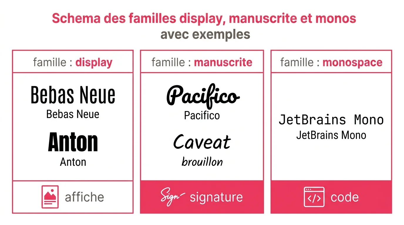 Schema des familles display, manuscrite et monospace avec exemples