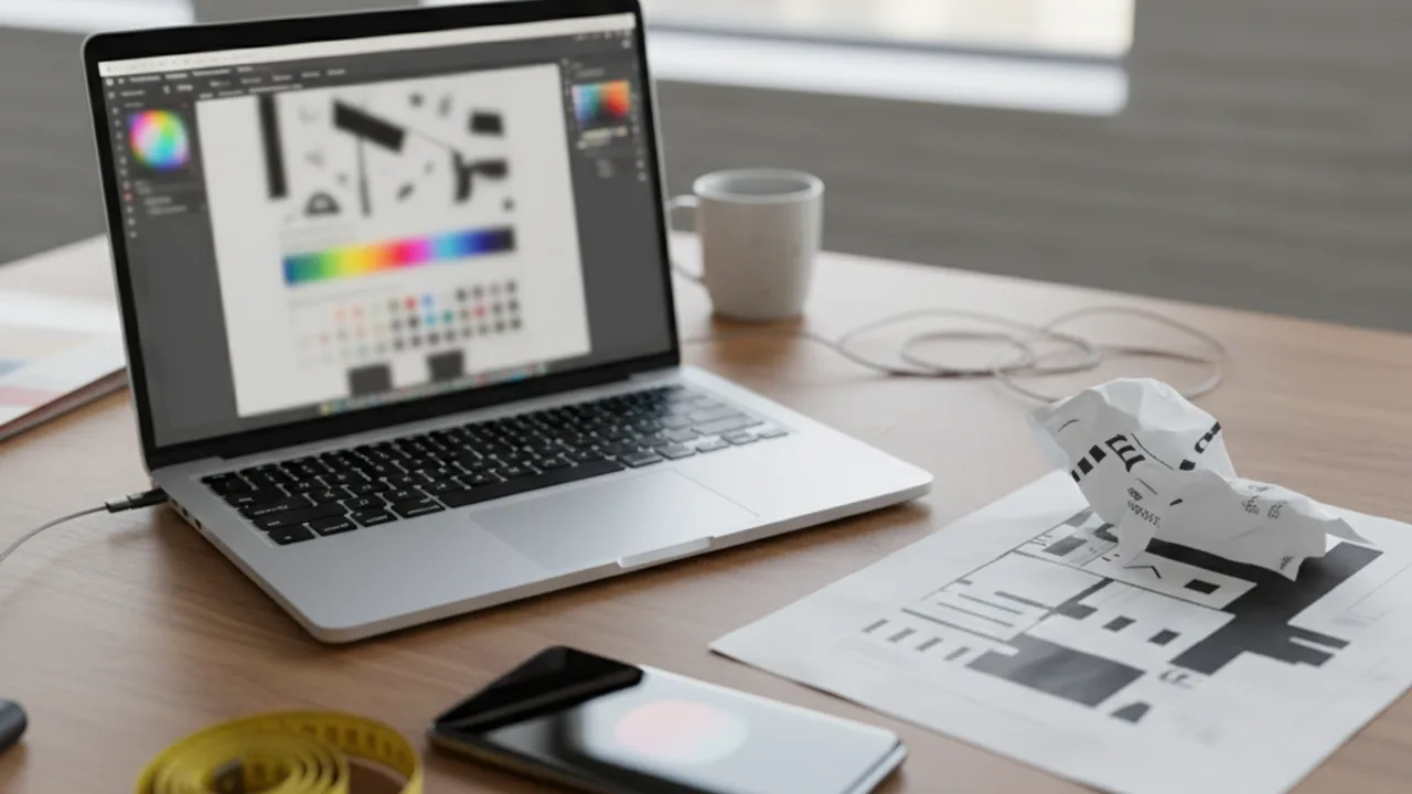 Bureau de graphiste avec impression A4 et écran retina