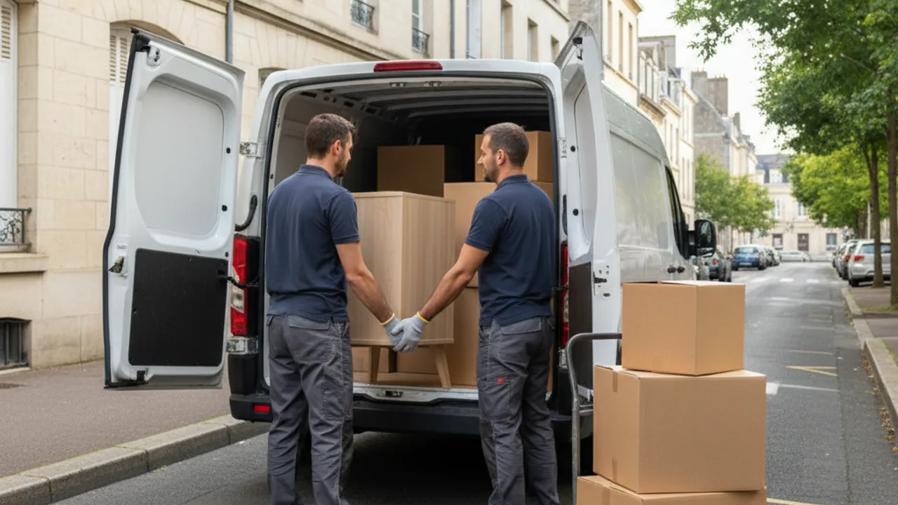 Équipe de débarrasseurs professionnels chargeant un camion devant un immeuble nantais