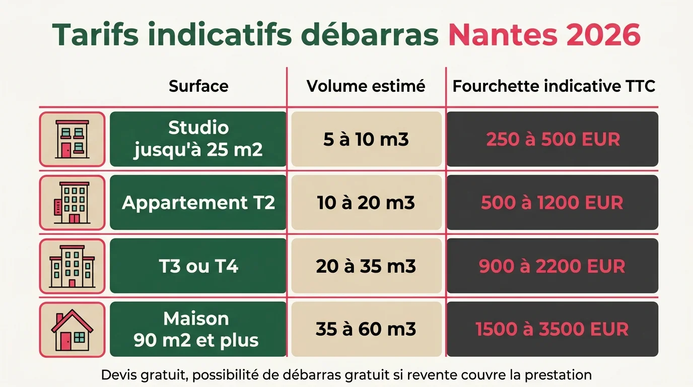 Grille indicative des tarifs de débarras à Nantes selon la surface du logement