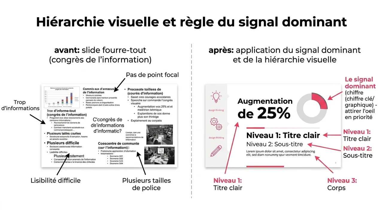 Comparaison entre une diapositive surchargée et une diapositive optimisée avec un seul point focal.