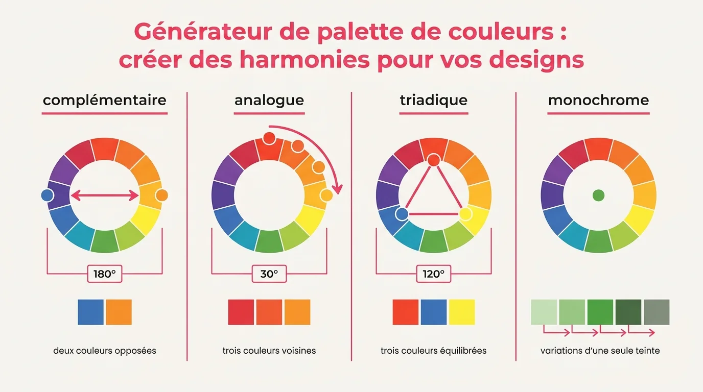 Les quatre harmonies de couleurs et leurs angles sur la roue chromatique