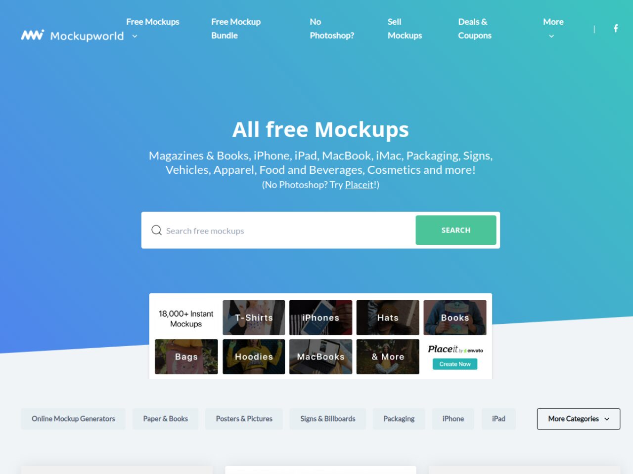 Page d'accueil de Mockup World avec ses milliers de mockups PSD gratuits classés par catégorie