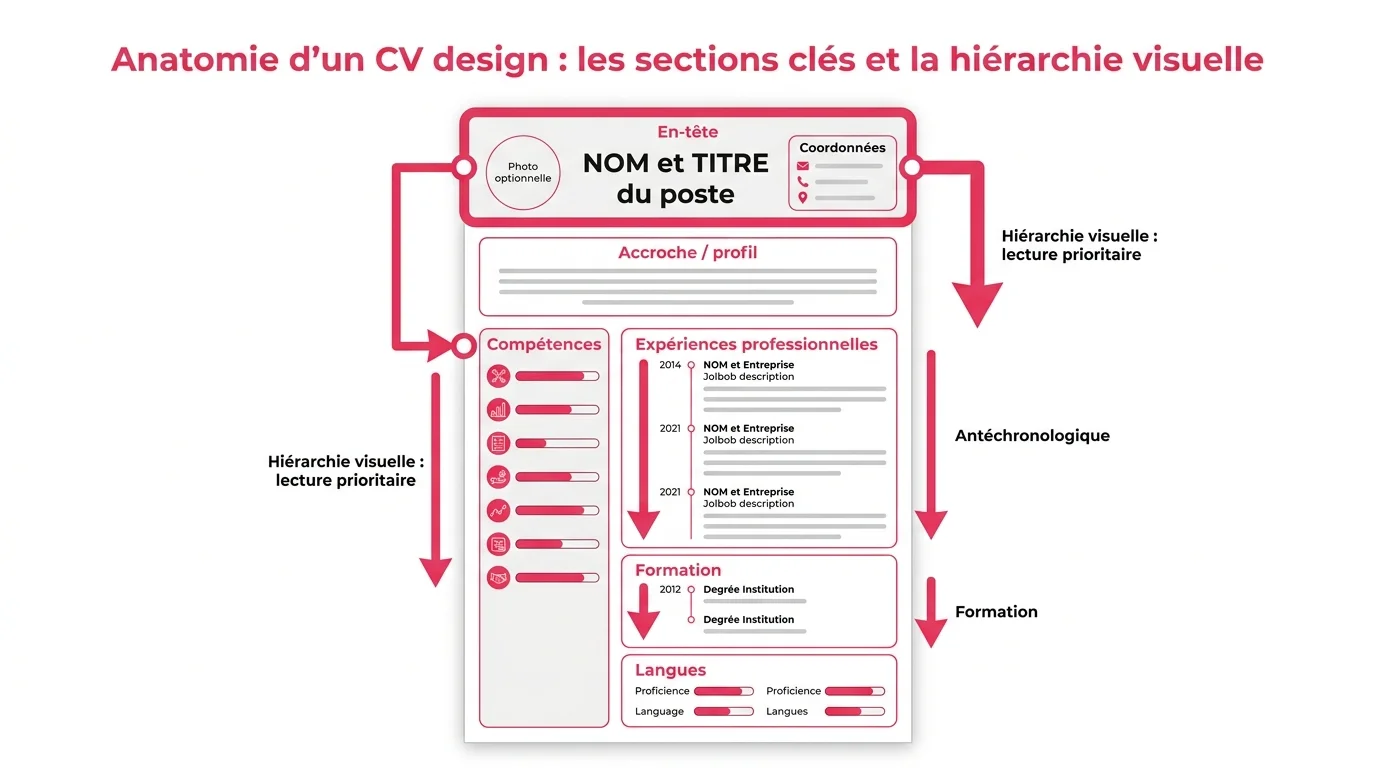 Anatomie d'un CV design : les sections cles et la hierarchie visuelle
