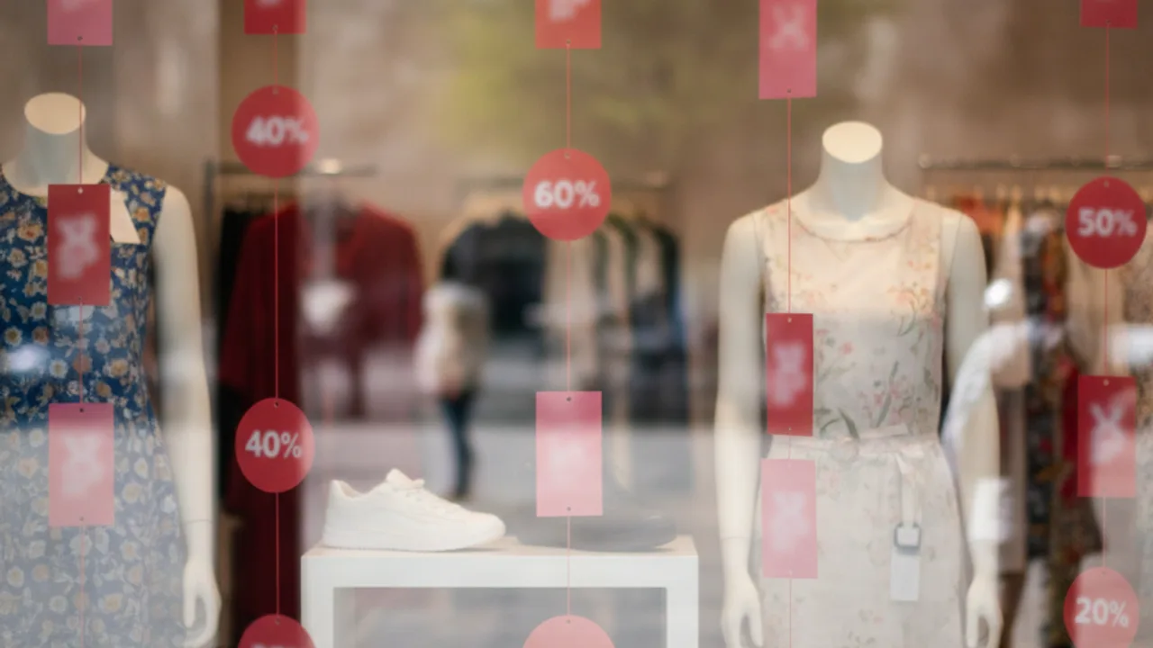 Etiquettes de reduction en vitrine pendant les soldes