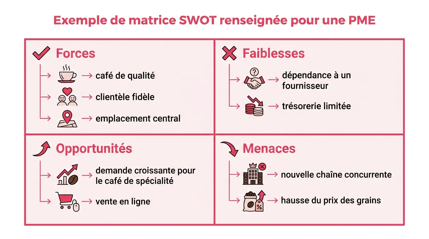 Exemple de matrice SWOT renseignée pour une PME