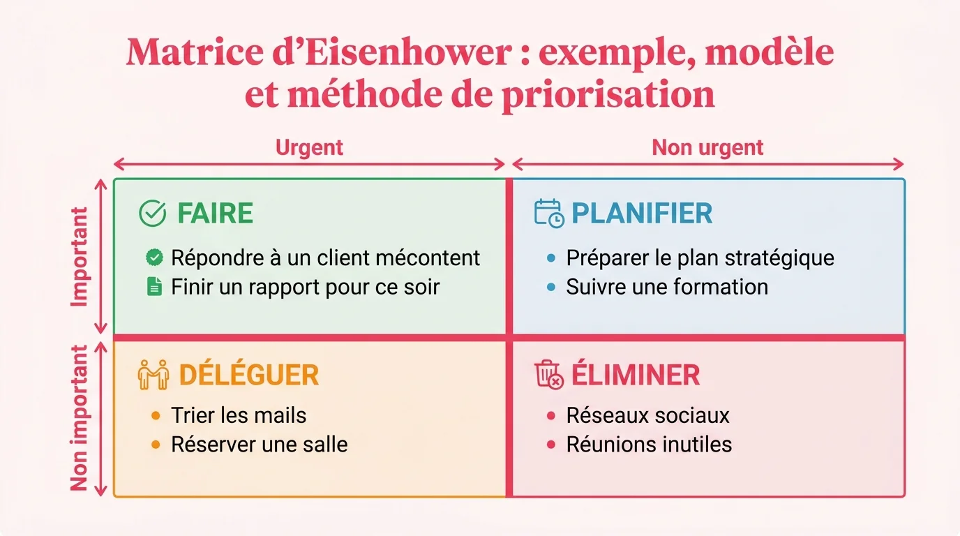 Exemple de matrice d'Eisenhower remplie pour une journée