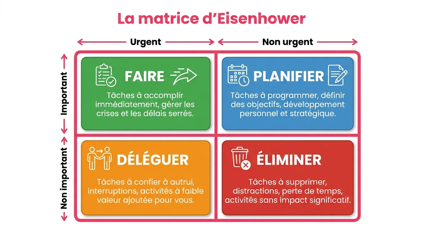 La matrice d'Eisenhower : grille 2x2 urgent / important
