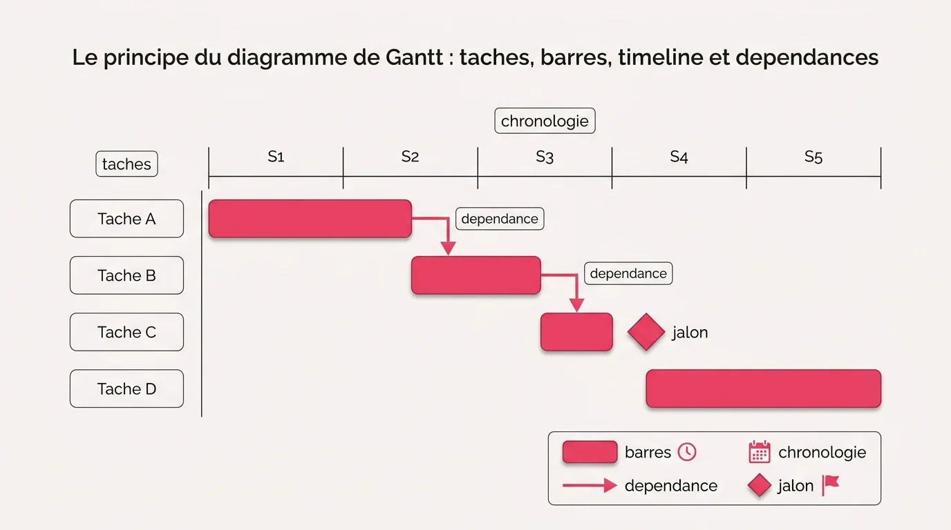 Le principe du diagramme de Gantt : taches, barres, timeline et dependances