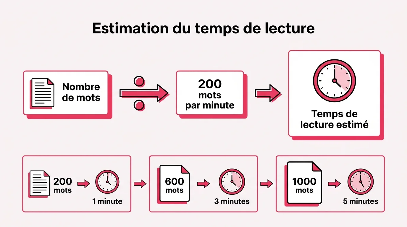 Le temps de lecture se calcule en divisant le nombre de mots par 200 mots par minute