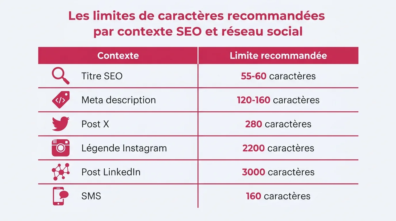 Les limites de caractères recommandées par contexte SEO et réseau social