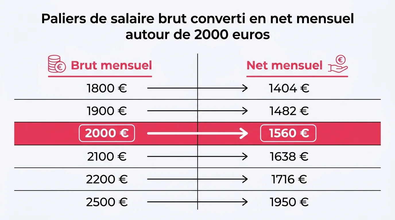 Paliers de salaire brut converti en net mensuel autour de 2000 euros