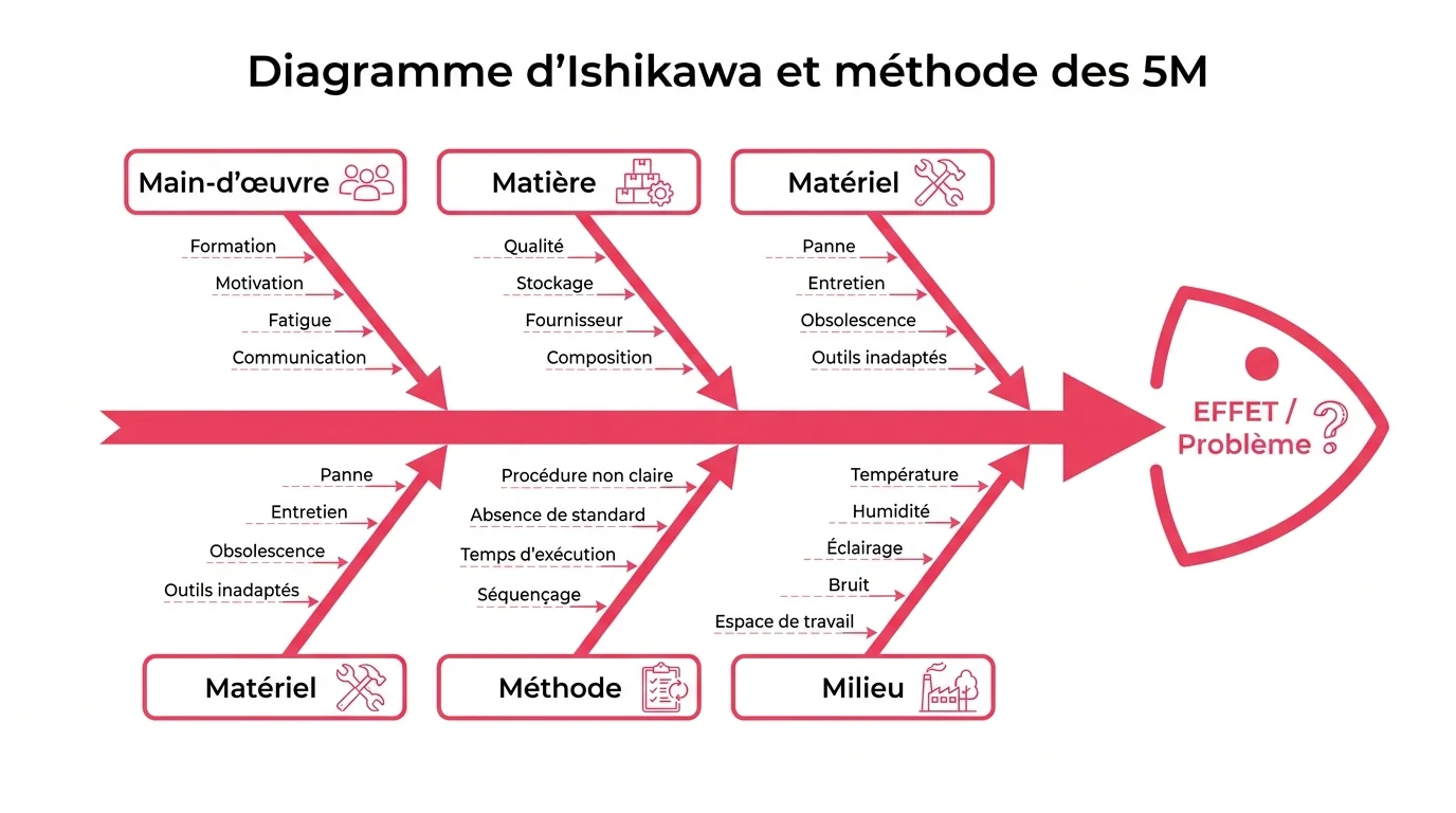 Structure en arête de poisson du diagramme d'Ishikawa avec les 5M