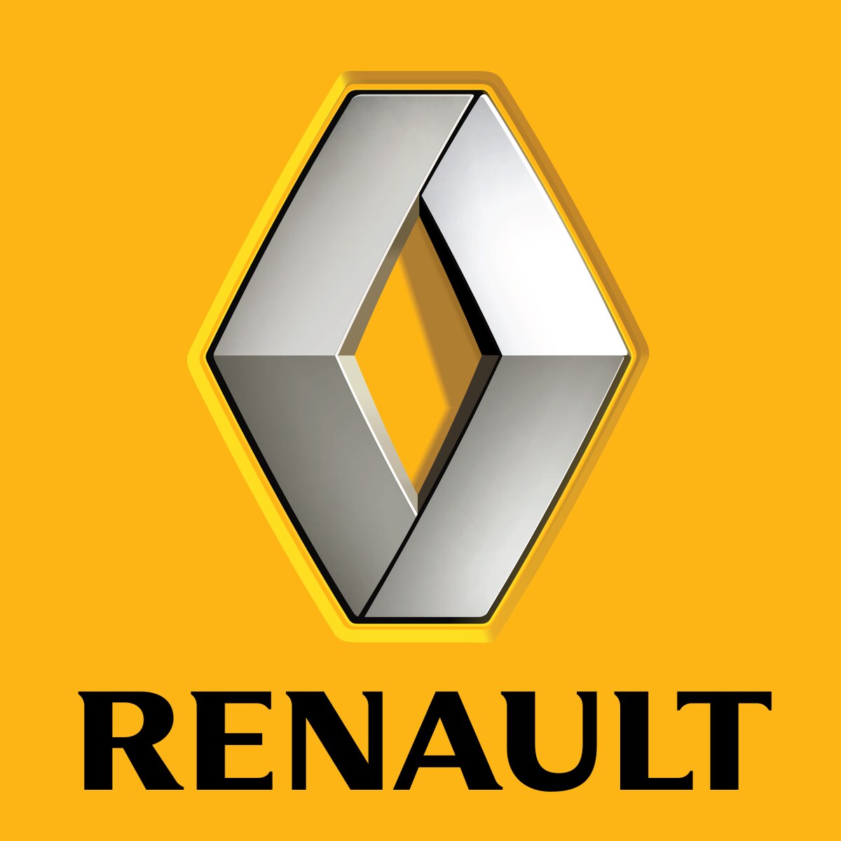 Logo Renault tridimensionnel chrome sur fond jaune des annees 2000 et 2010