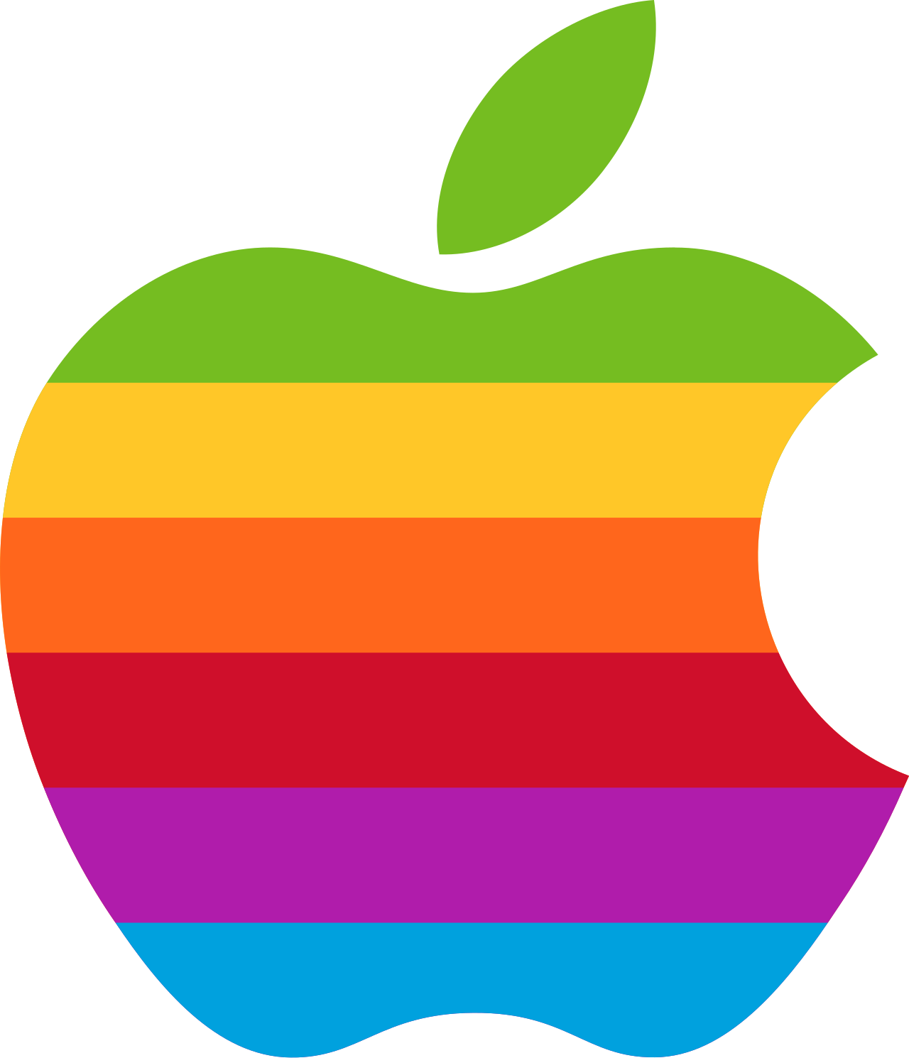 Logo pomme arc-en-ciel d'Apple dessiné par Rob Janoff en 1977, avec six bandes de couleur