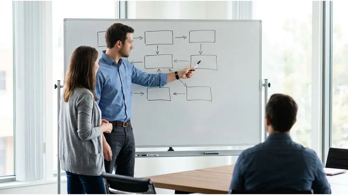 Equipe dessinant un processus en cases et fleches sur un tableau blanc