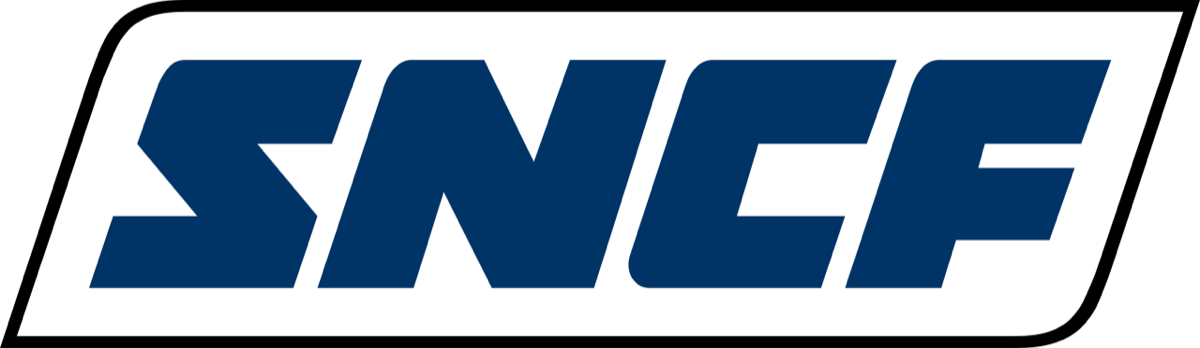 Logo SNCF de 1967, lettres bleues italiques dans un parallélogramme
