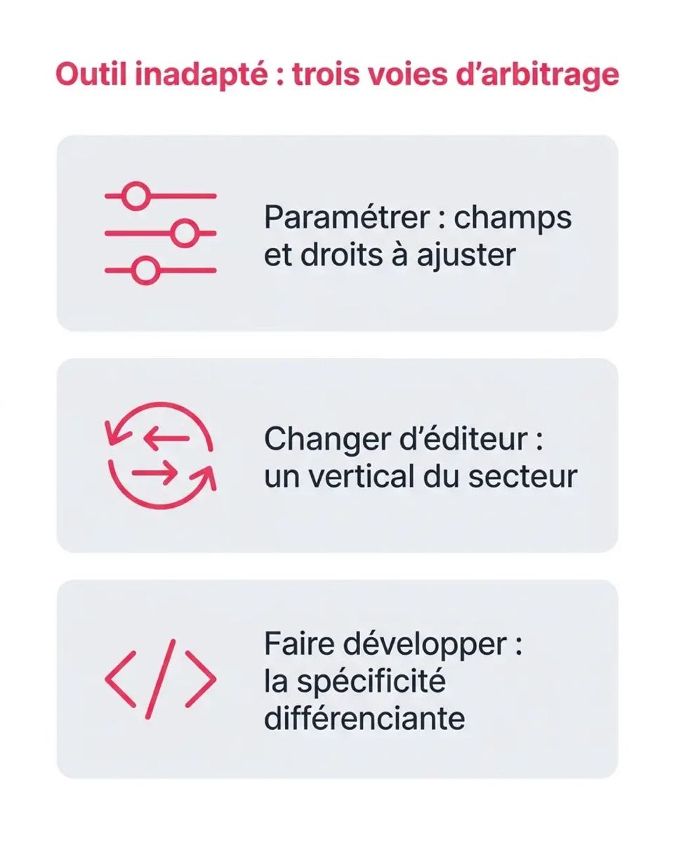 Infographie : trois voies d'arbitrage face a un outil inadapte, parametrer, changer d'editeur, faire developper