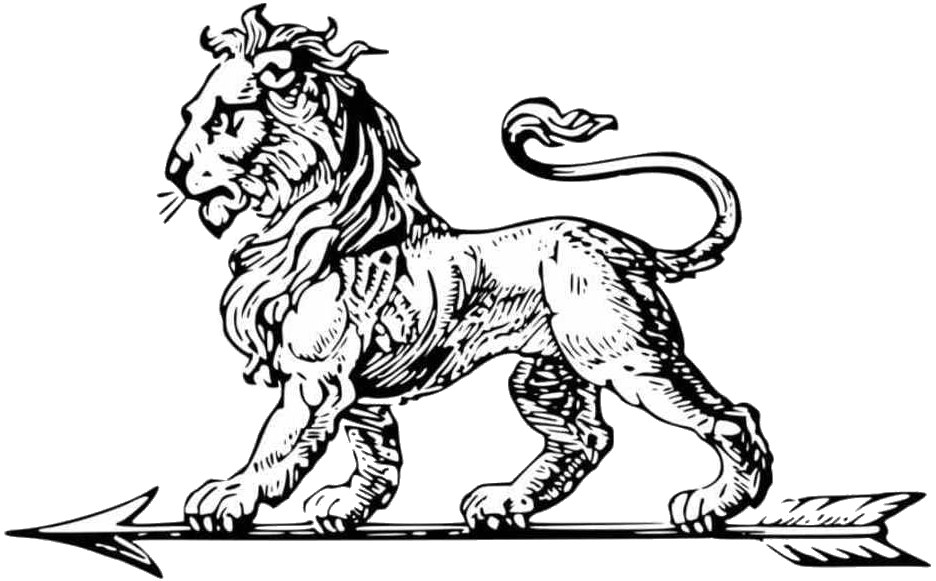 Premier logo Peugeot : lion gravé marchant sur une flèche